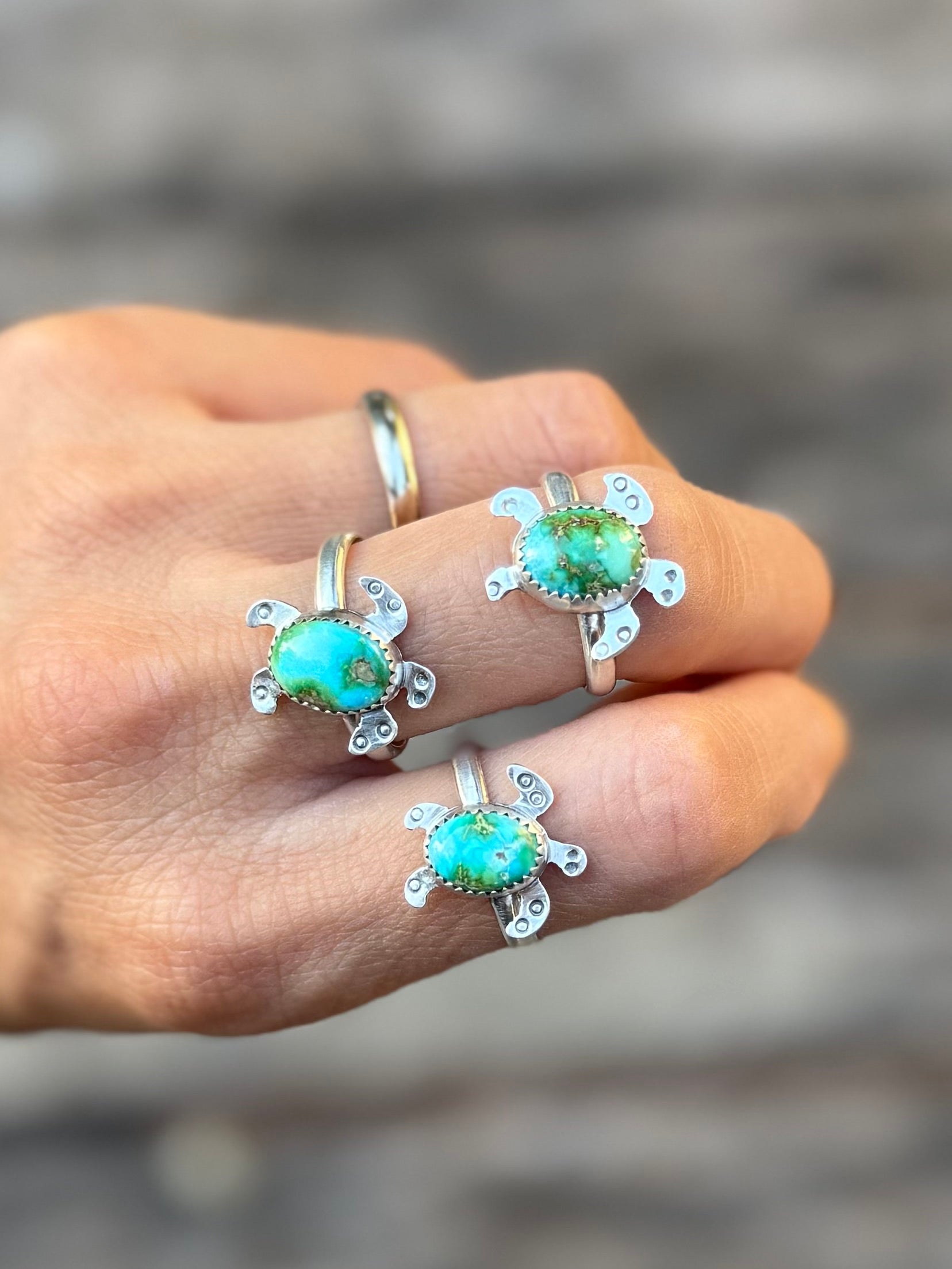 ArtisanLab Jewelry Sterling Silver Sonoran Mountain Turquoise Baby Sea Turtle stacking rings